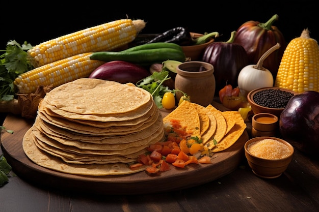 Na stole leży różnorodność kukurydzy taco i tortilli kukurydzianej