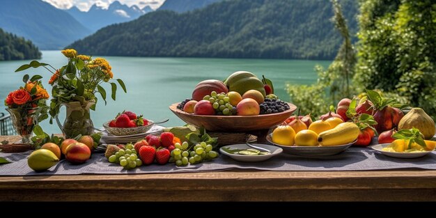 Zdjęcie na stole obok generatora wody jest wiele różnych owoców.