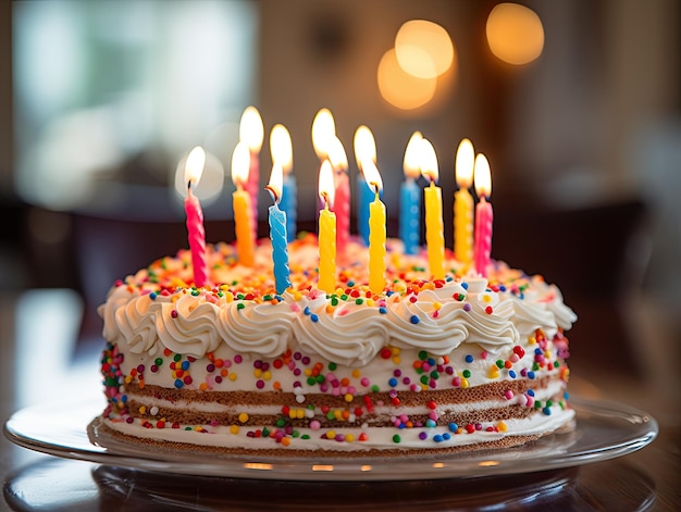 Zdjęcie na stole ozdobionym kolorowymi świeczkami stoi pięknie udekorowany tort urodzinowy