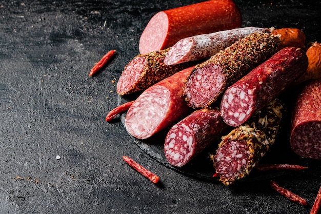 Na stole różne rodzaje kiełbasy salami z suszonymi papryczkami chili