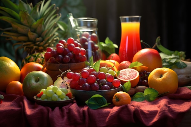Na stole różnorodne owoce i soki