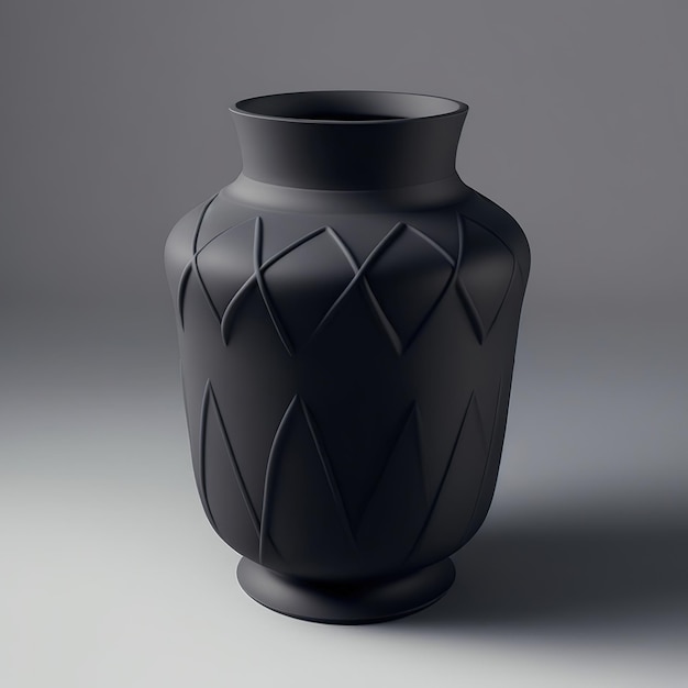 Na stole stoi czarny wazon ze wzorem.