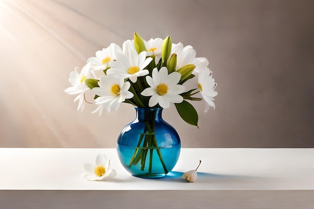 Na stole stoi niebieski wazon z białymi kwiatami.
