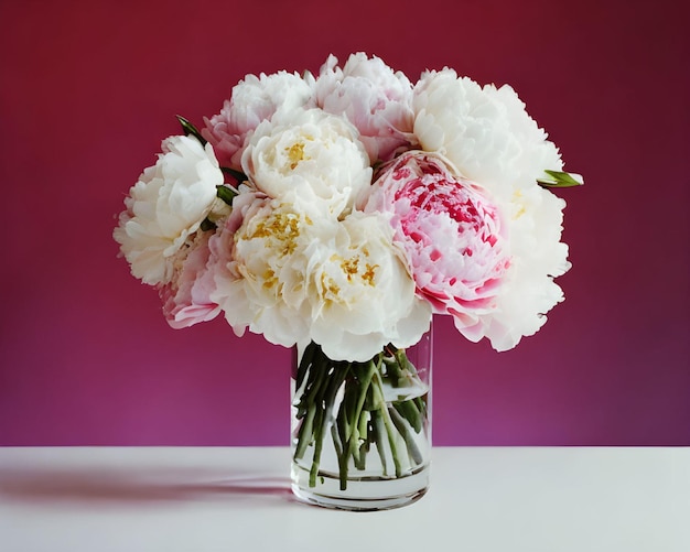 Na stole stoi wazon z białymi i różowymi piwoniami.