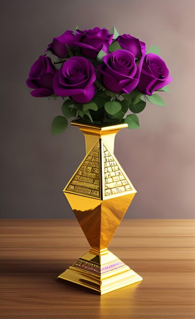 Na stole stoi wazon z fioletowymi różami.