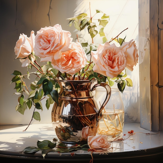 na stole stoi wazon z różowymi różami, generujący ai