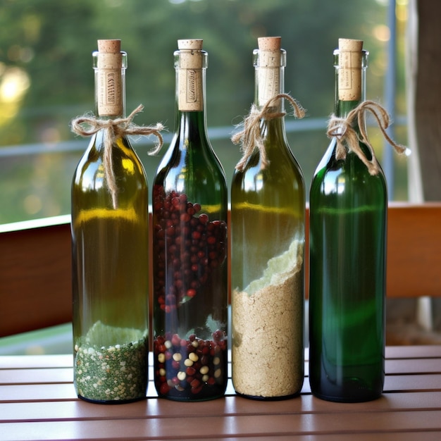 Na stole stoją cztery butelki wina, z których jedna jest obwiązana sznurkiem.