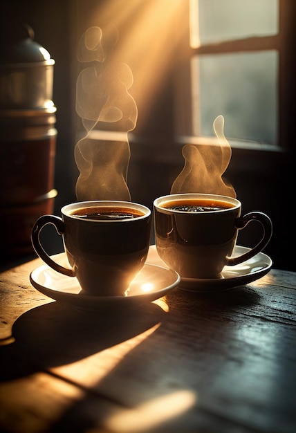 Na stole stoją dwie filiżanki aromatycznej kawy i pada na nie promień słońca AI Generated