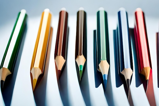 Na stole ułożony jest rząd kolorowych ołówków.