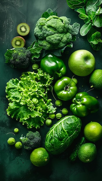 Zdjęcie na stole wystawione są różnorodne zielone warzywa i owoce