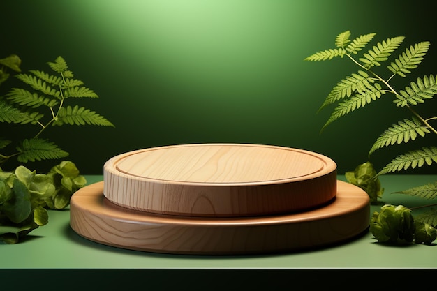 na stole znajduje się drewniany talerz z rośliną w tle generatywną ai