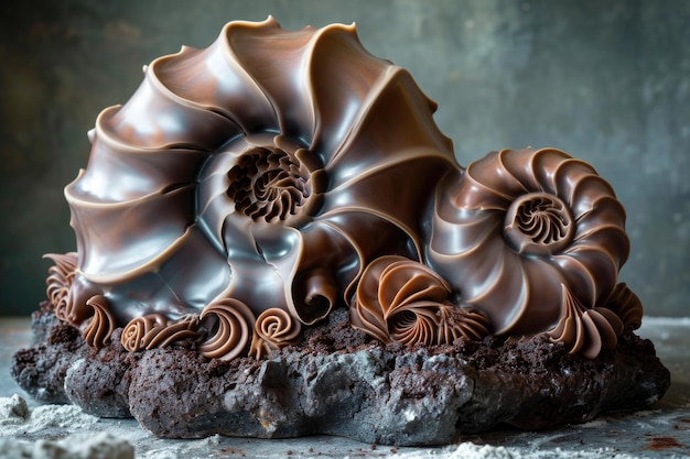Na stole znajduje się duży, ręcznie robiony, autorski tort czekoladowy w kształcie muszli