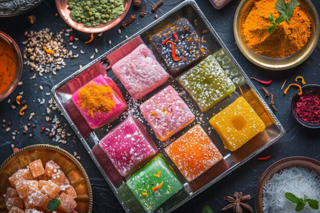 Na stole znajduje się tacka z kolorowymi, kwadratowymi, indyjskimi słodyczami z słodkim proszkiem i przyprawami