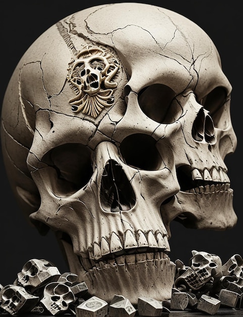Zdjęcie na stosie kości znajduje się zabytkowa ludzka czaszka ozdobiona misternymi rzeźbami i symbolami