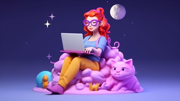 Na stosie zabawek siedzi kobieta z generatywnym ai laptopa