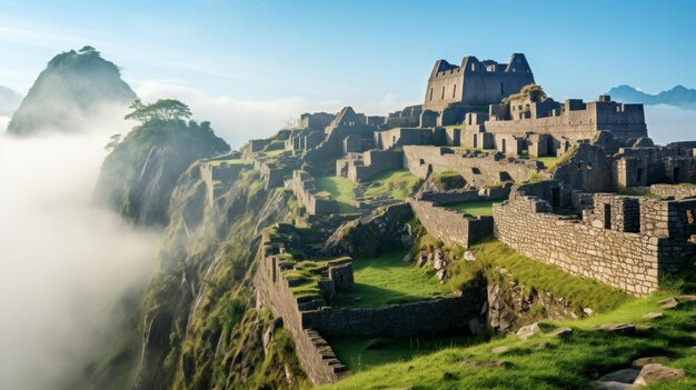 Zdjęcie na szczycie góry castle otoczona mgłą