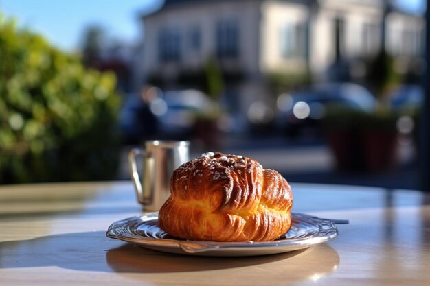 Zdjęcie na talerzu jest croissant z filiżanką kawy.