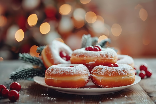 Na talerzu jest talerz pączków z gałązką holly