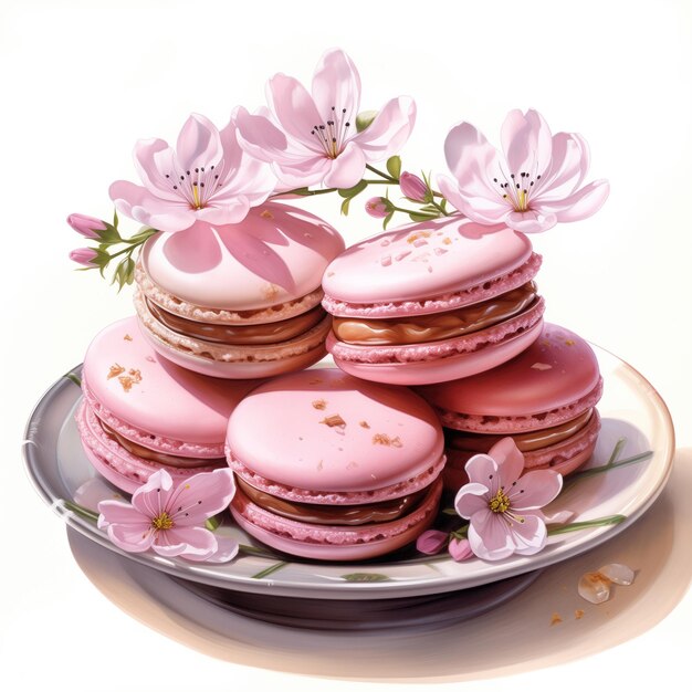 Zdjęcie na talerzu z kwiatami są różowe makaronki.