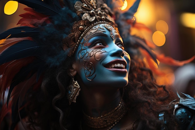 Na tętniących życiem maskach karnawałowych pióra i tancerze tworzą wir generatywnego koloru IA