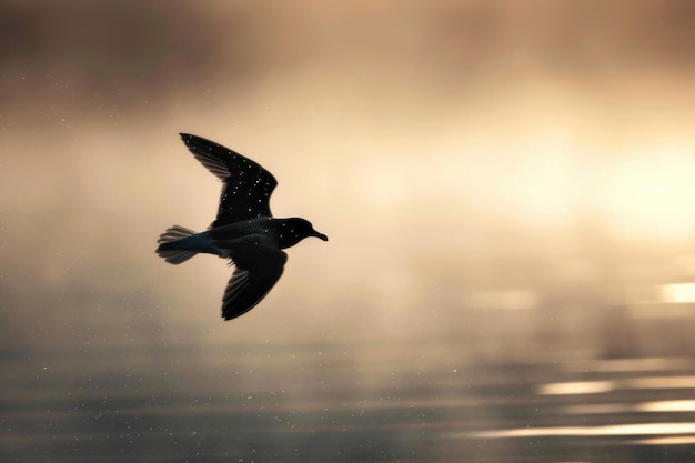 Na tle mglistego porannego nieba nad spokojnymi wodami latająca sylwetka sztormowego petrela