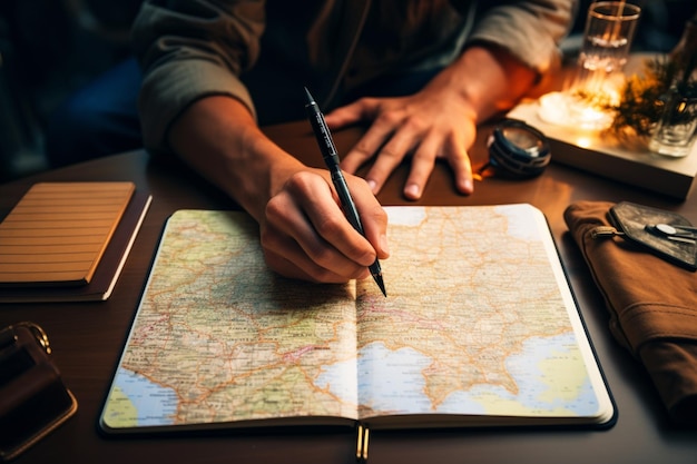 Na tle podróży męska dłoń trzyma notes i mapę do planowania podróży