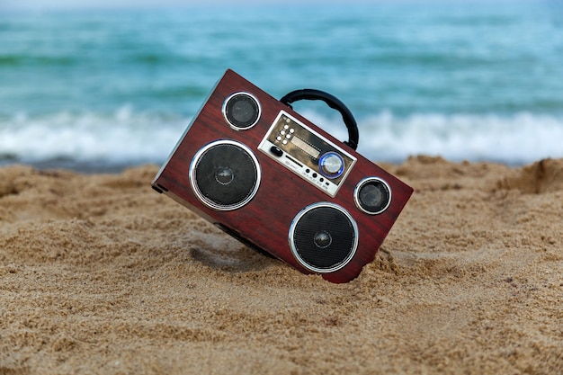 Na tle radiostacji fale obmywają brzeg,Rejestrator radiowy na piasku