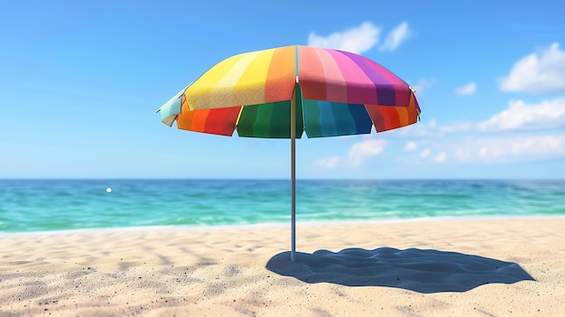 Zdjęcie na tropikalnej plaży na piasku umieszczony jest tęczowy parasol plażowy. ocean jest jasnoniebieski, a piasek biały i puszysty.