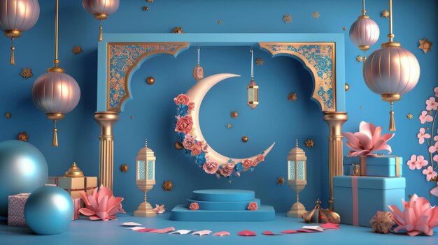 Na tureckim niebieskim tle znajduje się lampka półksiężyca otoczona latarnią prezenty i dekoracje podczas Ramadanu