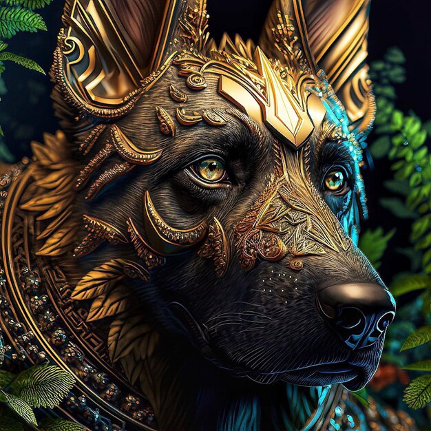 Na tym obrazie przedstawiony jest pies o złotych i niebieskich oczach.