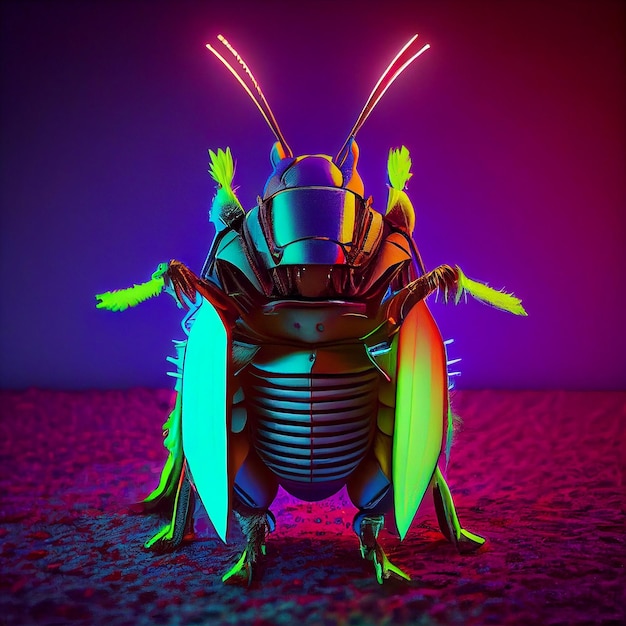 Na tym obrazku pokazano kolorową robaka z neonowymi światłami.