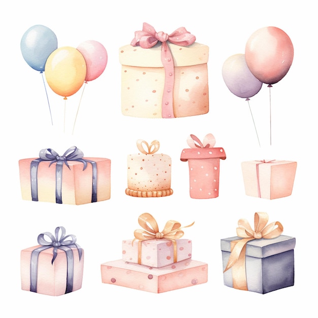 Na tym zdjęciu jest wiele różnych rodzajów prezentów i balonów.