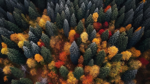 Na tym zdjęciu lotniczym widać las drzew o różnych kolorach.