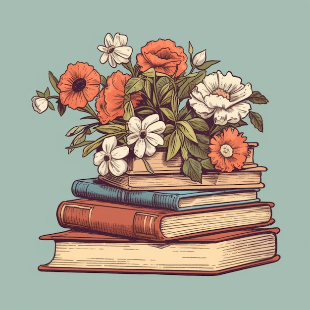 Na wierzchu leży stos książek z kwiatami. Generatywna sztuczna inteligencja