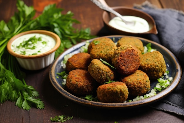 Na wpół zjedzony falafel na ceramicznym naczyniu