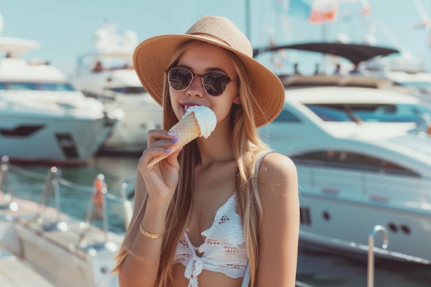 Na wybrzeżu dziewczyna je lody na tle jachtów