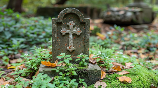 Zdjęcie na zarośniętym cmentarzu stoi zniszczony nagrobek. kamień jest pokryty mchem i porostami, a krzyż jest ledwo widoczny.