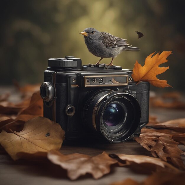 Na zdjęciu jest ptak siedzący na kamerze z generatywnym liściem