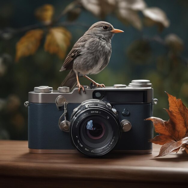 Na zdjęciu jest ptak siedzący na kamerze z generatywnym liściem
