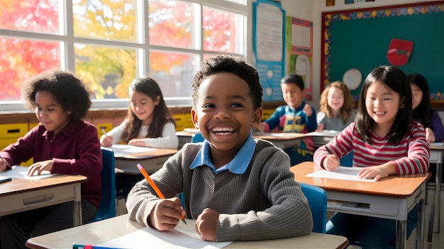 Na zdjęciu młody chłopiec siedzi przy biurku z ołówkiem w ręku uśmiechając się jest otoczony
