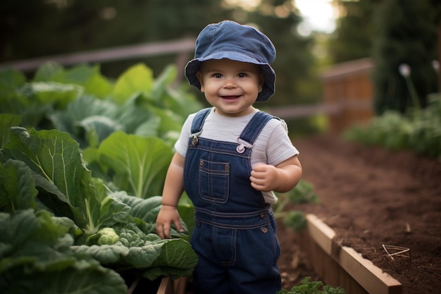 Na zdjęciu stoi szczęśliwe dziecko w uroczym kostiumie rolnika