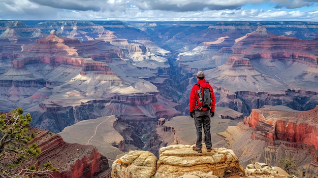 Na zdjęciu widać człowieka stojącego na skale w środku Wielkiego Kanionu. Ma na sobie czerwoną kurtkę i plecak.