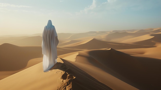 Na zdjęciu widać osobę w białej szlafroku stojącą na wydmie na środku rozległej pustyni. Osoba patrzy na horyzont.