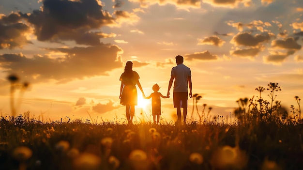 Na zdjęciu widać trzyosobową rodzinę idącą po polu z wysoką trawą Słońce zachodzi, a niebo ma ciepły złoty kolor