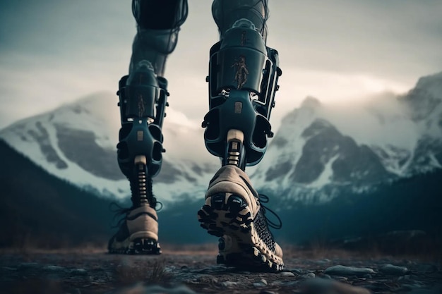 Na zewnątrz Dostępność życie osoby niepełnosprawnej Mężczyzna z protezami nóg podróżuje przez góry Generacja AI