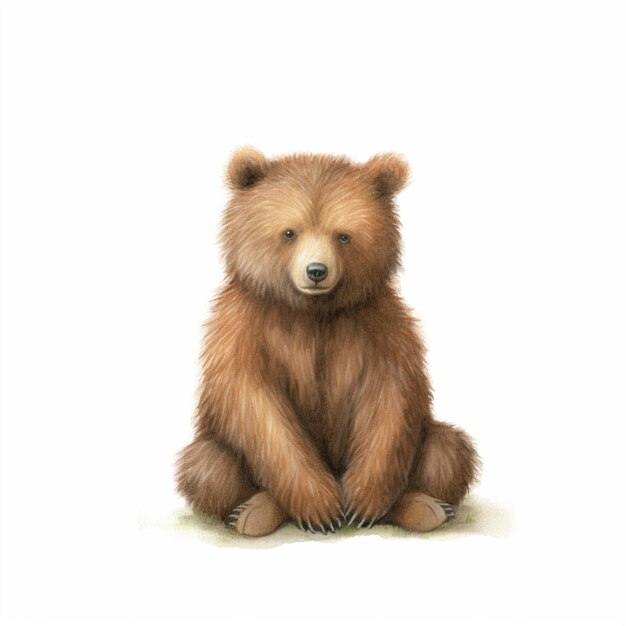 Na ziemi siedzi brązowy niedźwiedź z skrzyżowanymi łapami.