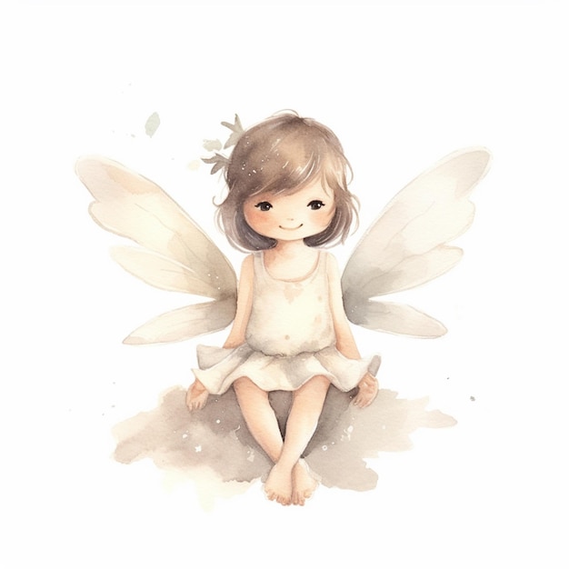 Na ziemi siedzi mała dziewczynka z skrzydłami wróżki.
