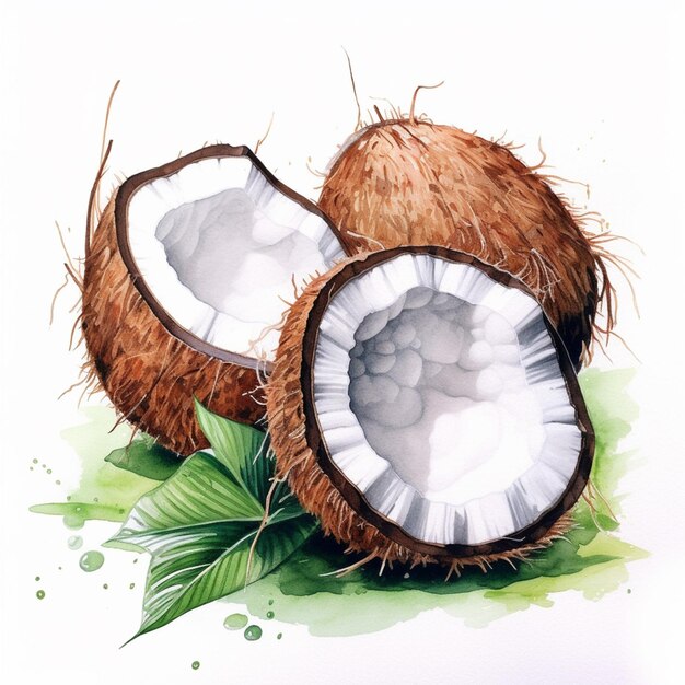Na ziemi znajduje się obraz przedstawiający dwa kokosy z liśćmi generatywnej ai