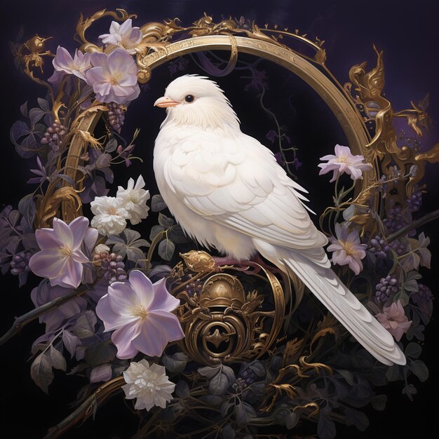 na złotej ramie siedzi biały ptak z kwiatami generatywnymi ai