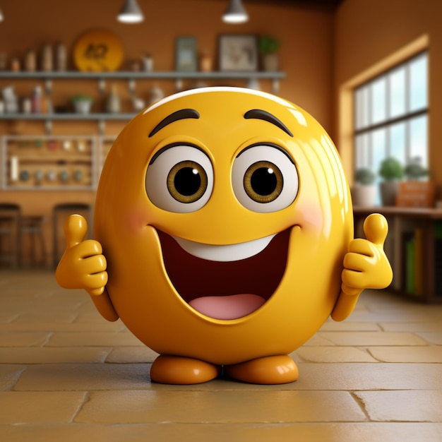 Na żółtym tle znajduje się urocza uśmiechnięta postać z filiżanki kawy Miejsce na personalizację dla mediów społecznościowych